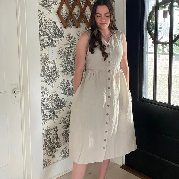 LinenbyMN Linen V Neck Button Midi Dress Light Beige Small - Picture 6 of 7